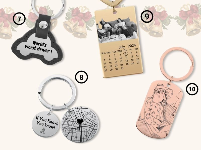 Porte-clés personnalisés carte géographique, étiquette calendrier photo et gravure dessin – idée cadeau humoristique à personnaliser.